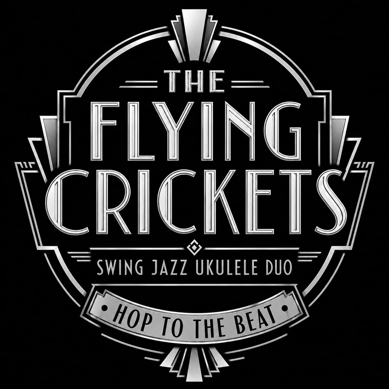 The Flying Crickets — Swing Jazz Ukulele Duo, Art Deco emblem, tagline Hop to the Beat